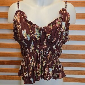 Sea New York Floral Ruffle Peplum Camisole Top Womens XL Burgundy Smocked